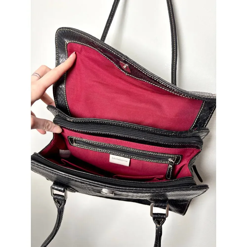 Vintage Y2K Liz Claiborne Black Leather Croc Satchel Bag Roomy Multi Pocketed - Picture 5 of 9